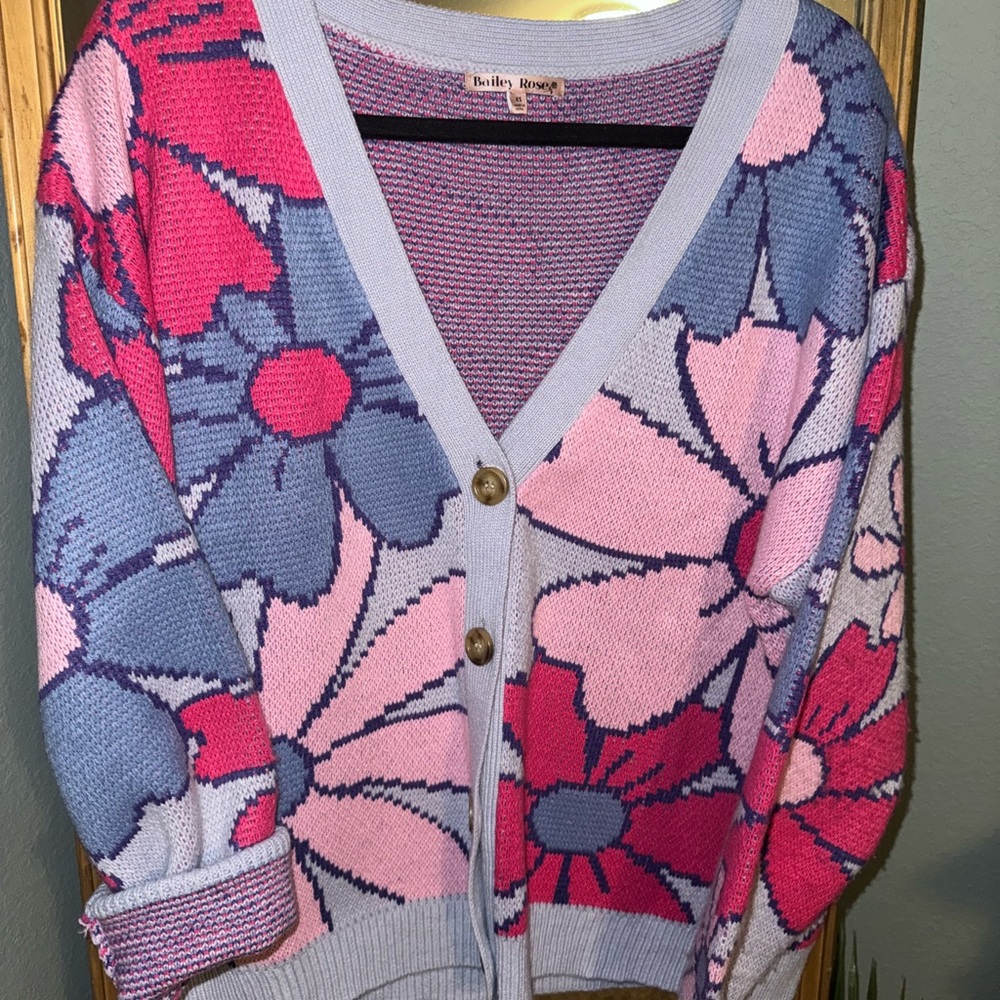 Pink and Blue Floral Cardigan V-Neck Jacket